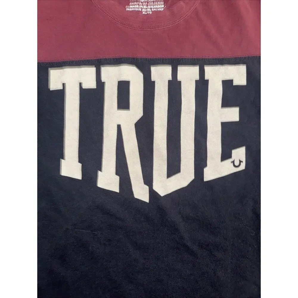 True Religion Football Jersey T-Shirt Burgundy Blue Men’s XL 22x27